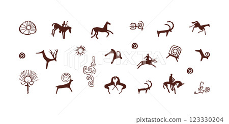 Petroglyphs. Pack of Cave Paintings. Collection of Central Asian Petroglyphs. Saimaluu tash illustrations. Petroglyphs. Pack of Cave Paintings. Collection of Central Asian Petroglyphs. Saimaluu tash illustrations. 123330204