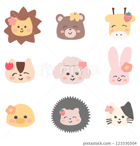 A spring icon set of cute animals dressed up with flowers and strawberries. Hand-drawn cute illustrations A spring icon set of cute animals dressed up with flowers and strawberries. Hand-drawn cute illustrations 123330304