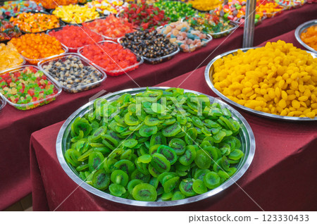Green slices of dried kiwi. assortment of dried fruits and sweets on oriental market Green slices of dried kiwi. assortment of dried fruits and sweets on oriental market 123330433