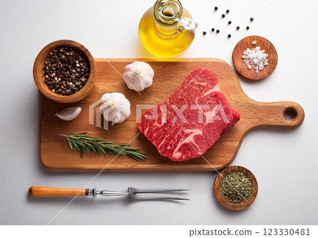 Marbled beef steak on a cutting board 123330481