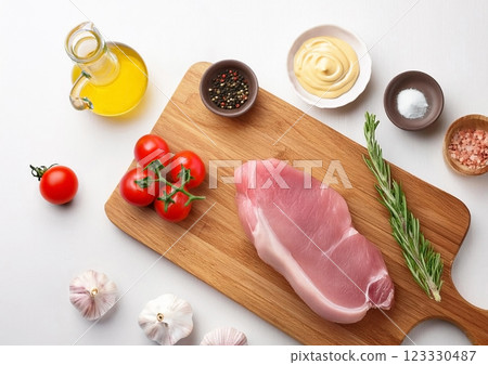 Uncooked pork with tomatoes and herbs 123330487