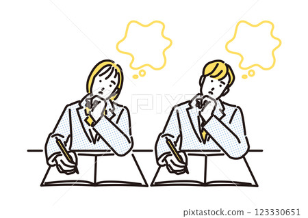 男女學生在學習時思考的簡單插圖 男女學生在學習時思考的簡單插圖 123330651