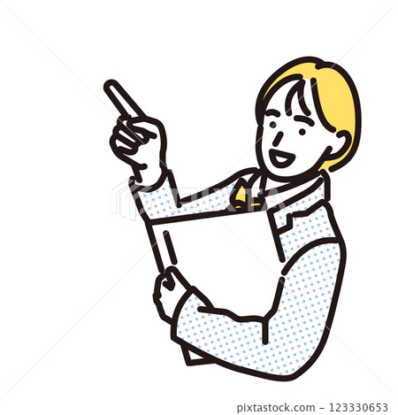 Simple illustration: The upper body of a smiling high school girl pointing up 123330653
