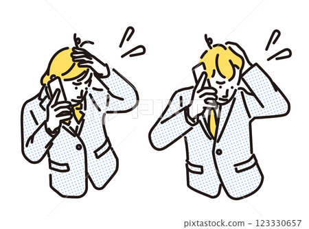 Simple illustration of male and female students panicking while talking on smartphone 123330657