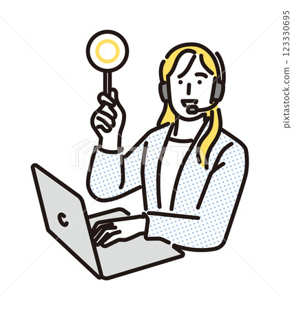 Simple illustration: A female operator raising a circle card Simple illustration: A female operator raising a circle card 123330695