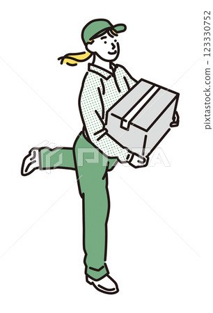 Simple illustration of a smiling delivery woman carrying a cardboard box 123330752