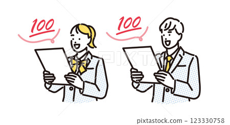 Simple illustration set of male and female students who are happy to get a perfect score of 100 on a test 123330758
