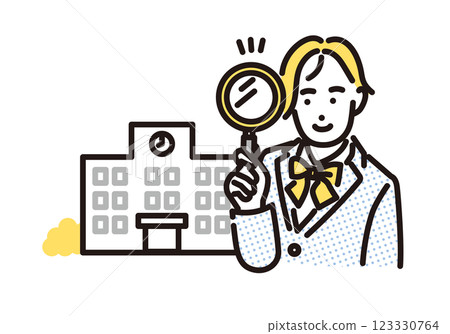 Simple illustration: A high school girl holding a magnifying glass and deciding on her preferred school 123330764
