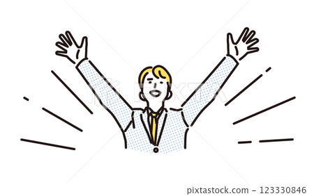 Simple illustration of a high school boy trembling with joy, raising his arms in the air 123330846