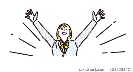 Simple illustration of a high school girl trembling with joy, raising her arms in the air 123330847