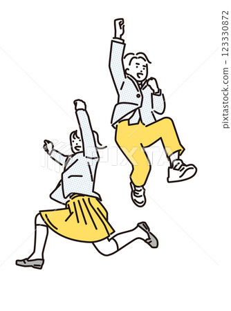 男女學生舉起手臂跳躍的簡單圖示 123330872