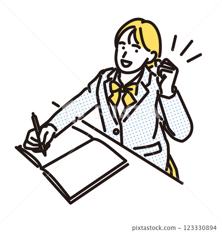 Simple illustration of a smiling high school girl studying and doing a fist pump 123330894