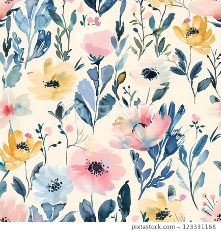 A seamless watercolor floral pattern featuring hand-painted flowers and leaves in pastel tones of pink, yellow, and blue on a light background. 123331168
