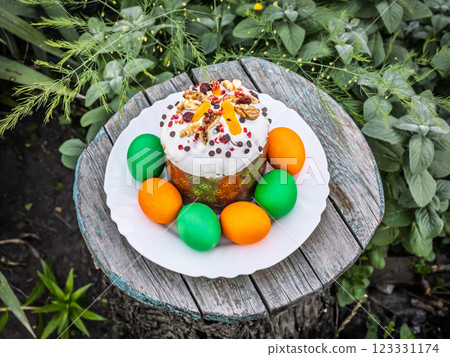 Easter cake and eggs on the old wooden table. Easter cake and eggs on the old wooden table. 123331174