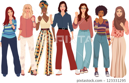 Group of multicultural women with raised fist. Diversity - inclusion - equality - girl power or empowerment concept. International women s day. Front view. Isolated 123331295