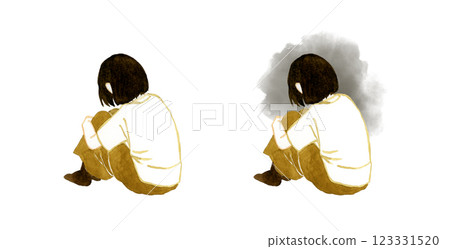 一位年輕女子抱著膝蓋的背影 手繪水彩畫的人物 一位年輕女子抱著膝蓋的背影 手繪水彩畫的人物 123331520