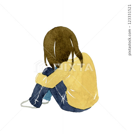 Back view of a girl (child) holding her knees Hand-drawn watercolor illustration of a person 123331521