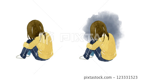 一個女孩（孩子）抱著膝蓋的背影 手繪水彩畫的人物 123331523
