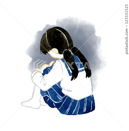 Back view of a girl in a sailor suit holding her knees Hand-drawn watercolor illustration of a person 123331525