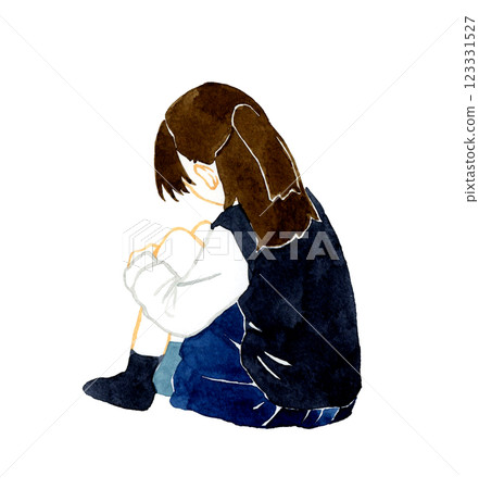 身穿校服、抱著膝蓋的女孩的背影 手繪水彩畫的人物 身穿校服、抱著膝蓋的女孩的背影 手繪水彩畫的人物 123331527