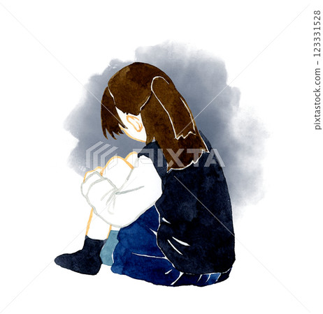 Back view of a girl in a school uniform holding her knees Hand-drawn watercolor illustration of a person Back view of a girl in a school uniform holding her knees Hand-drawn watercolor illustration of a person 123331528