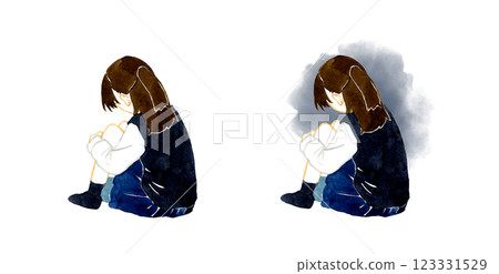 Back view of a girl in a school uniform holding her knees Hand-drawn watercolor illustration of a person Back view of a girl in a school uniform holding her knees Hand-drawn watercolor illustration of a person 123331529