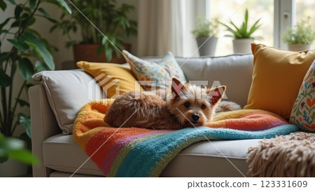 Cozy dog rests on colorful blanket in bright living room Cozy dog rests on colorful blanket in bright living room 123331609
