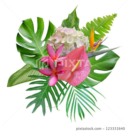 Tropical bouquet with monstera leaves in a tropical arrangement isolated on white background 123331640