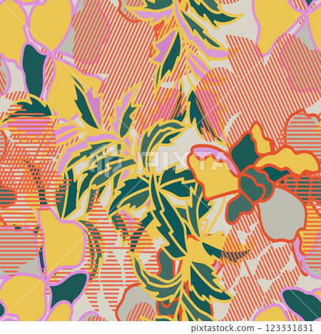 Hand drawn summer floral background. Botanical seamless pattern made of abstract flowers. Sketch drawing. Vintage style. Good for bedding, textile 123331831