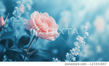 Beautiful pink rose on a pastel blue background with blurred flowers Beautiful pink rose on a pastel blue background with blurred flowers 123331847