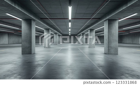Empty underground parking lot with concrete walls and a grey floor. Empty underground parking lot with concrete walls and a grey floor. 123331868