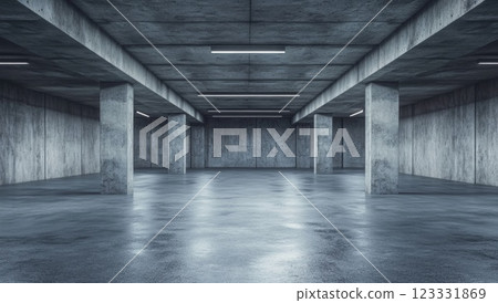 Empty underground parking lot with concrete walls and a grey floor. Empty underground parking lot with concrete walls and a grey floor. 123331869