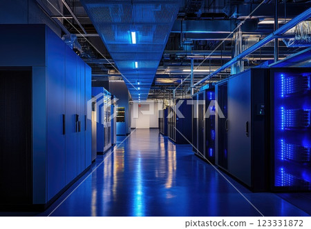 Modern server room with rows of illuminated data center machines in dark blue lighting. Modern server room with rows of illuminated data center machines in dark blue lighting. 123331872