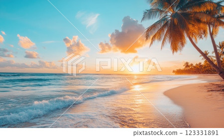 Beautiful sunset on the tropical beach with palm trees. Vibrant colorful sky. 123331891