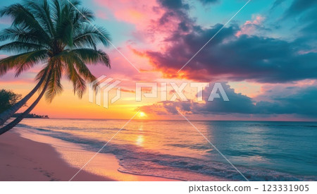 Beautiful sunset on the tropical beach with palm trees. Vibrant colorful sky. Beautiful sunset on the tropical beach with palm trees. Vibrant colorful sky. 123331905