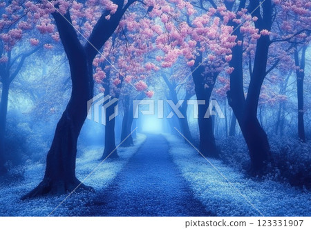 Beautiful blue misty forest with sun rays and glowing trees. A peaceful natural landscape background. 123331907