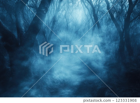 Beautiful blue misty forest with sun rays and glowing trees. A peaceful natural landscape background. Beautiful blue misty forest with sun rays and glowing trees. A peaceful natural landscape background. 123331908