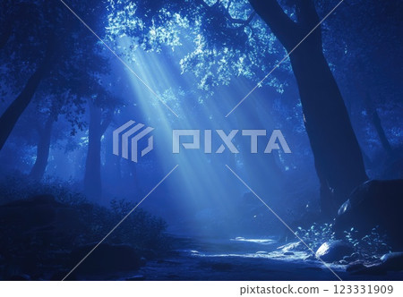 Beautiful blue misty forest with sun rays and glowing trees. A peaceful natural landscape background. 123331909