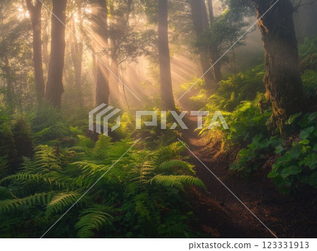 A beautiful forest with tall trees and rays of sunlight shining through the mist with ferns on the ground. 123331913
