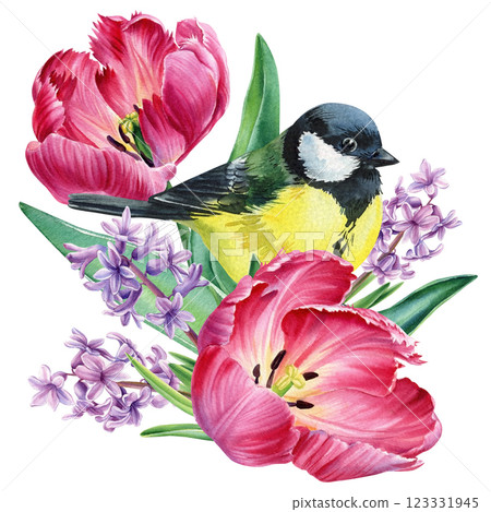 watercolor birds, tulips flowers botanical vintage nature painting, hand drawn spring floral bouquet with cute songbirds watercolor birds, tulips flowers botanical vintage nature painting, hand drawn spring floral bouquet with cute songbirds 123331945