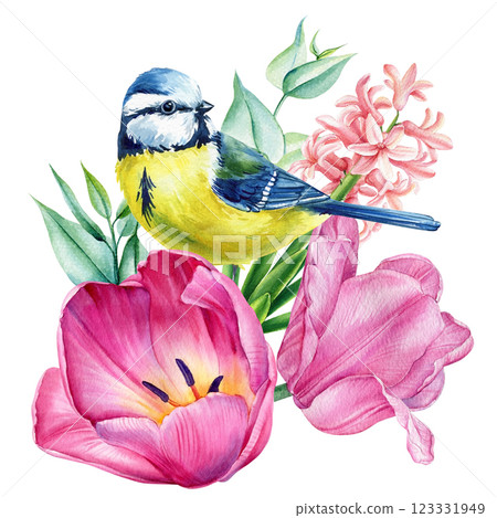 watercolor birds, spring floral bouquet. Delicate songbird with garden flowers, realistic nature inspired bird, flower watercolor birds, spring floral bouquet. Delicate songbird with garden flowers, realistic nature inspired bird, flower 123331949