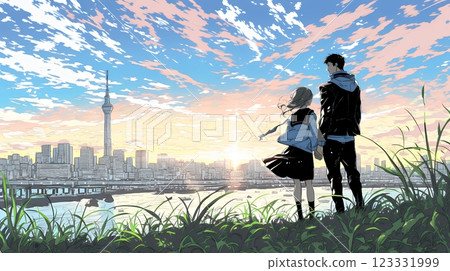 A young couple looking out at the city with great hope 123331999