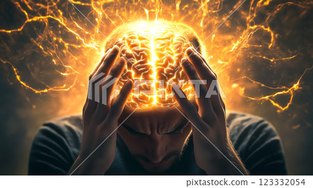 A man is depicted with his hands clutching his head, his face contorted in agony. The experience of neurological pain and destress. Generative AI. 123332054