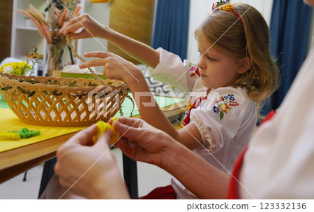 Mother and daughter at the table in traditional Ukrainian costumes weaving a basket for Easter Mother and daughter at the table in traditional Ukrainian costumes weaving a basket for Easter 123332136