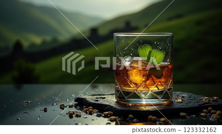 Enjoying Irish whiskey against the backdrop of green hills in Ireland 123332162