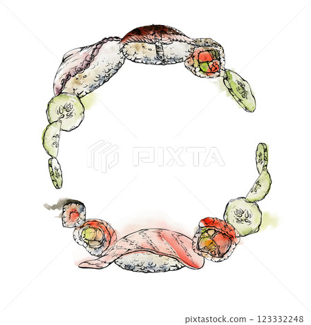Japanese food nigiri sushi, alaska maki roll, raw fish octopus tako slice, unagi salmon sesame cucumber slices, watercolor ink hand drawn. Wreath frame for restaurant cafe menu, kitchen, recipe book 123332248