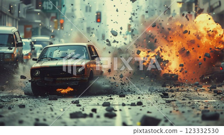 A car crashes into the street, causing an explosion that sends debris flying in all directions 123332530