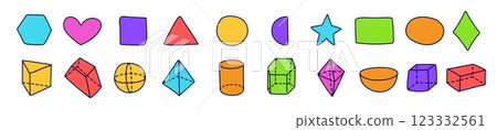 Bright geometric shapes like circles, cubes, and pyramids for learning. 123332561