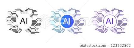 Blue circuit chip logo for AI and futuristic technology. 123332562