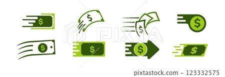 Green dollar icon with arrow for fast payments and money flow. 123332575